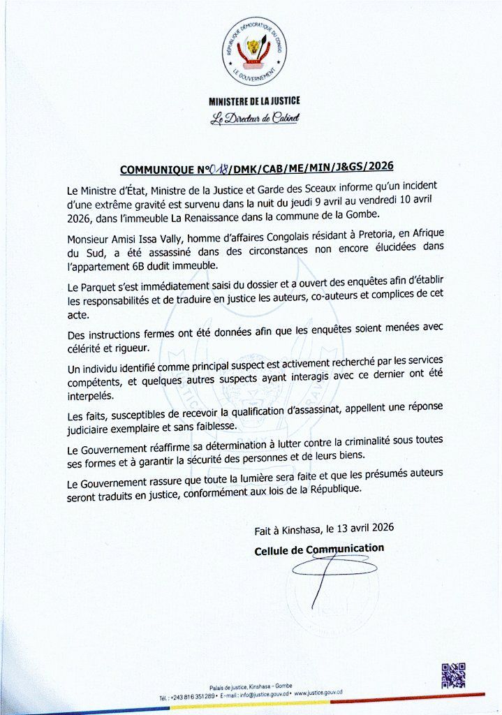 OUVERTURE D&rsquo;UNE ENQUÊTE SUR LE MEURTRE DE VALLY AMISI